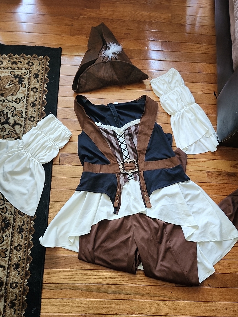 🎃Women Pirate Two-Tone Black & White 1 pc Costume Dress & pants w/Brown Accent
